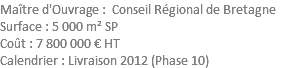 Maître d'Ouvrage : Conseil Régional de Bretagne Surface : 5 000 m² SP Coût : 7 800 000 € HT Calendrier : Livraison 2012 (Phase 10)