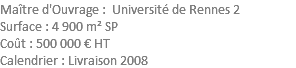 Maître d'Ouvrage : Université de Rennes 2 Surface : 4 900 m² SP Coût : 500 000 € HT Calendrier : Livraison 2008