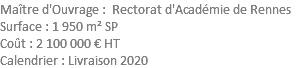 Maître d'Ouvrage : Rectorat d'Académie de Rennes Surface : 1 950 m² SP Coût : 2 100 000 € HT Calendrier : Livraison 2020