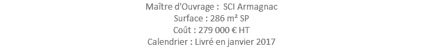 Maître d'Ouvrage : SCI Armagnac Surface : 286 m² SP Coût : 279 000 € HT Calendrier : Livré en janvier 2017