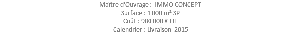 Maître d'Ouvrage : IMMO CONCEPT Surface : 1 000 m² SP Coût : 980 000 € HT Calendrier : Livraison 2015