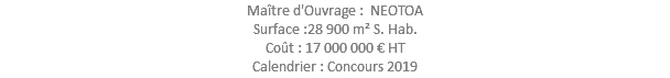 Maître d'Ouvrage : NEOTOA Surface :28 900 m² S. Hab. Coût : 17 000 000 € HT Calendrier : Concours 2019
