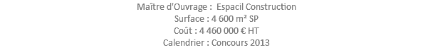 Maître d'Ouvrage : Espacil Construction Surface : 4 600 m² SP Coût : 4 460 000 € HT Calendrier : Concours 2013