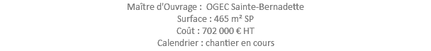 Maître d'Ouvrage : OGEC Sainte-Bernadette Surface : 465 m² SP Coût : 702 000 € HT Calendrier : chantier en cours