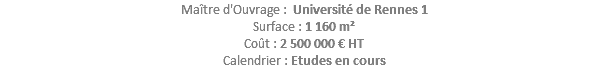 Maître d'Ouvrage : Université de Rennes 1 Surface : 1 160 m² Coût : 2 500 000 € HT Calendrier : Etudes en cours