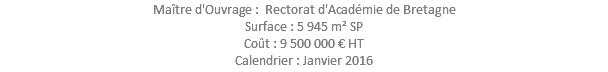 Maître d'Ouvrage : Rectorat d'Académie de Bretagne Surface : 5 945 m² SP Coût : 9 500 000 € HT Calendrier : Janvier 2016