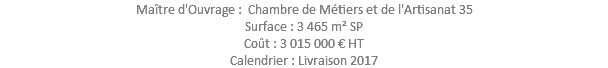 Maître d'Ouvrage : Chambre de Métiers et de l'Artisanat 35 Surface : 3 465 m² SP Coût : 3 015 000 € HT Calendrier : Livraison 2017