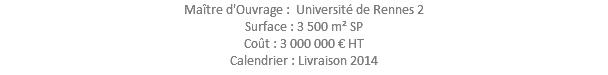 Maître d'Ouvrage : Université de Rennes 2 Surface : 3 500 m² SP Coût : 3 000 000 € HT Calendrier : Livraison 2014 