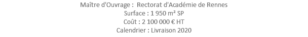 Maître d'Ouvrage : Rectorat d'Académie de Rennes Surface : 1 950 m² SP Coût : 2 100 000 € HT Calendrier : Livraison 2020